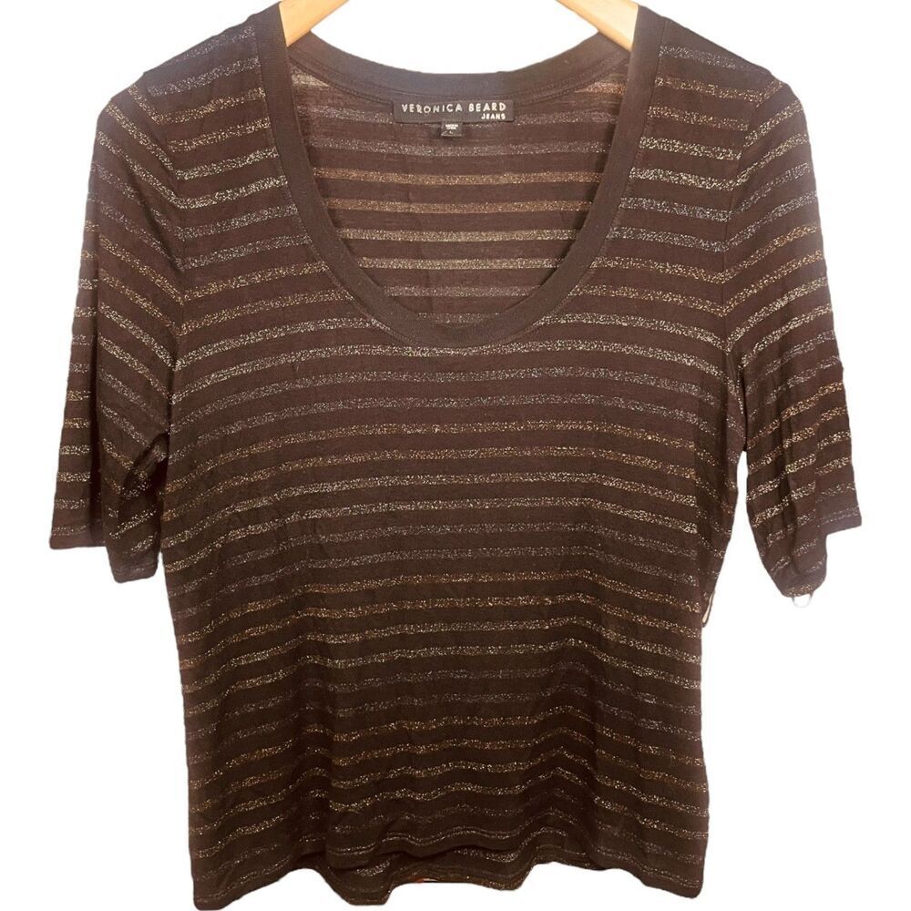 Veronica Beard | Metallic Stripe Relaxed Blouse Size L | EUC - Picture 2 of 9